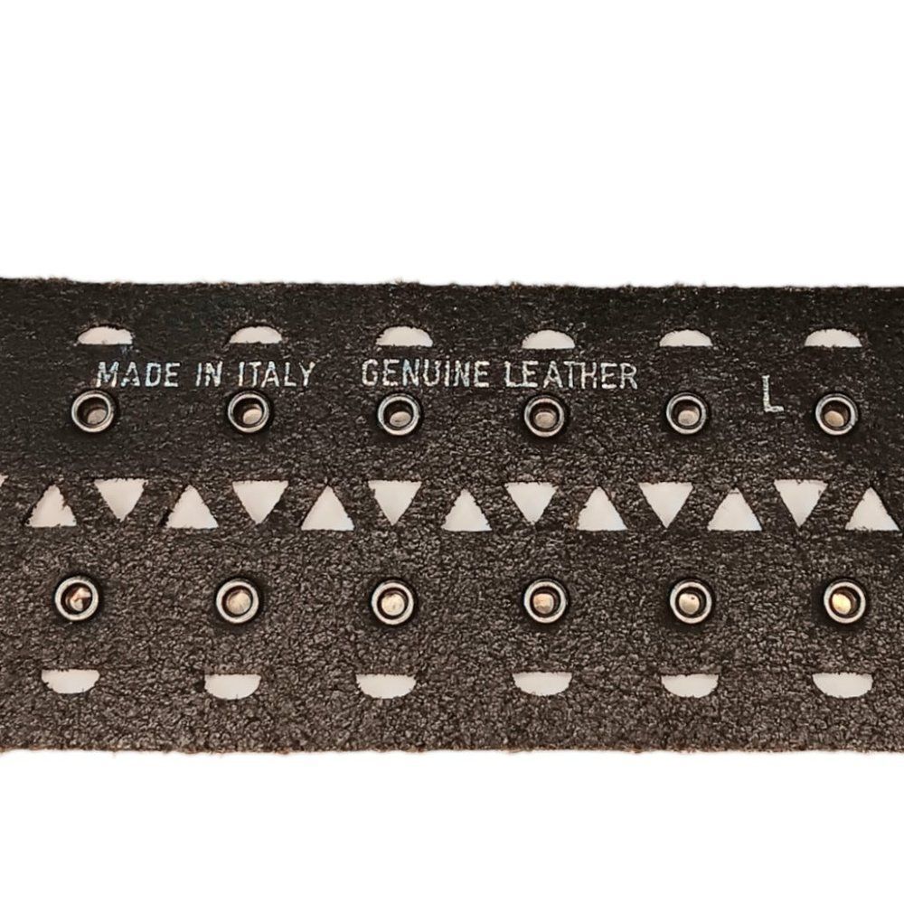 SOLD - Black Leather Belt Cutouts Silver Studs Large Silver Rings Tassles Italy - Picture 4 of 10